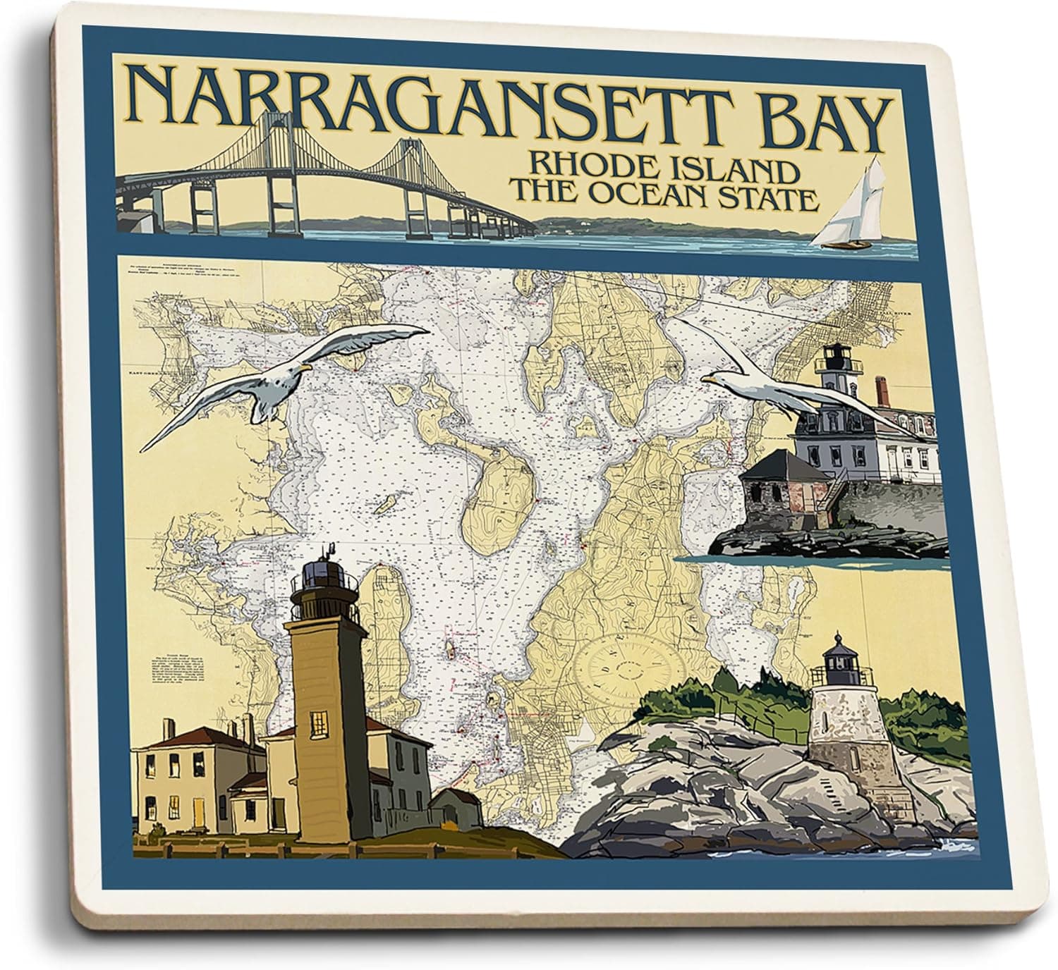 Lantern Press Narragansett Bay, Rhode Island, Nautical Chart 31309 (Set of 4 Ceramic Coasters, Cork-Backed, Absorbent)