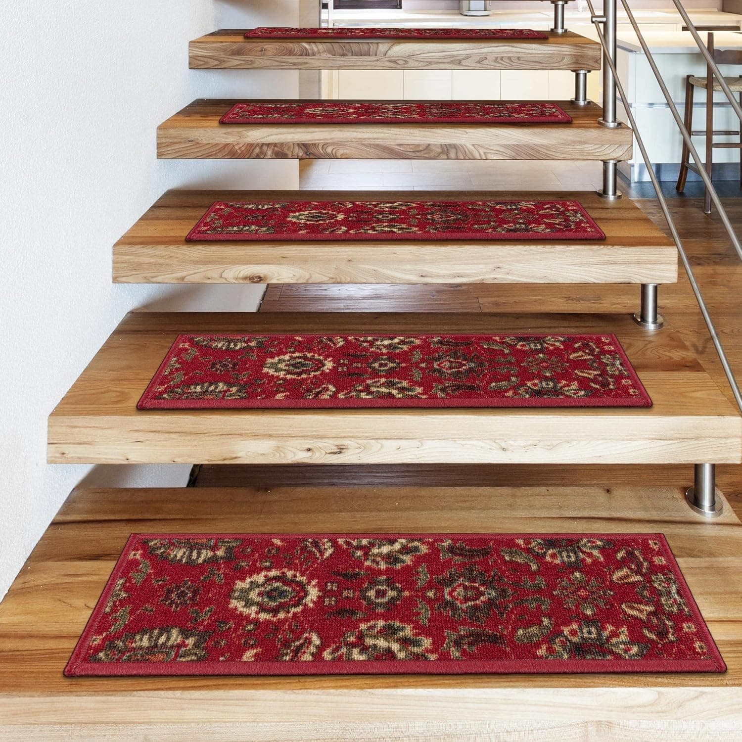 Machine Washable Oriental Design Non-Slip Rubberback 8.5" x 26" Traditional Stair Treads for Wooden Stairs, 7 Pack, Red