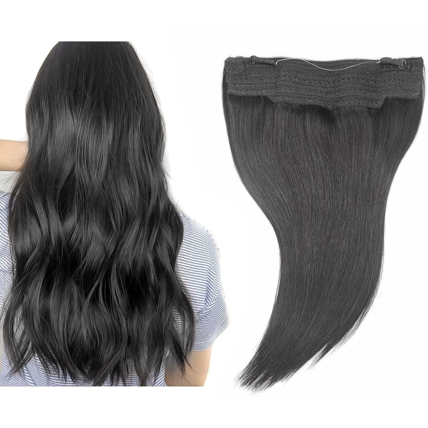 Hanna Int Black Hair Extensions Real Human Hair Straight #1 Jet Black Invisible Hairband Wire Real Human Hair Flip in Extensions 18inch 80G Invisible Fish Line Hair Extension