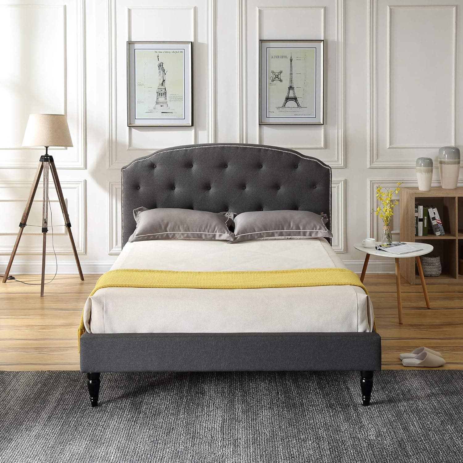 Classic Brands Cranleigh Upholstered Platform Bed | Headboard and Metal Frame with Wood Slat Support, Full, Grey