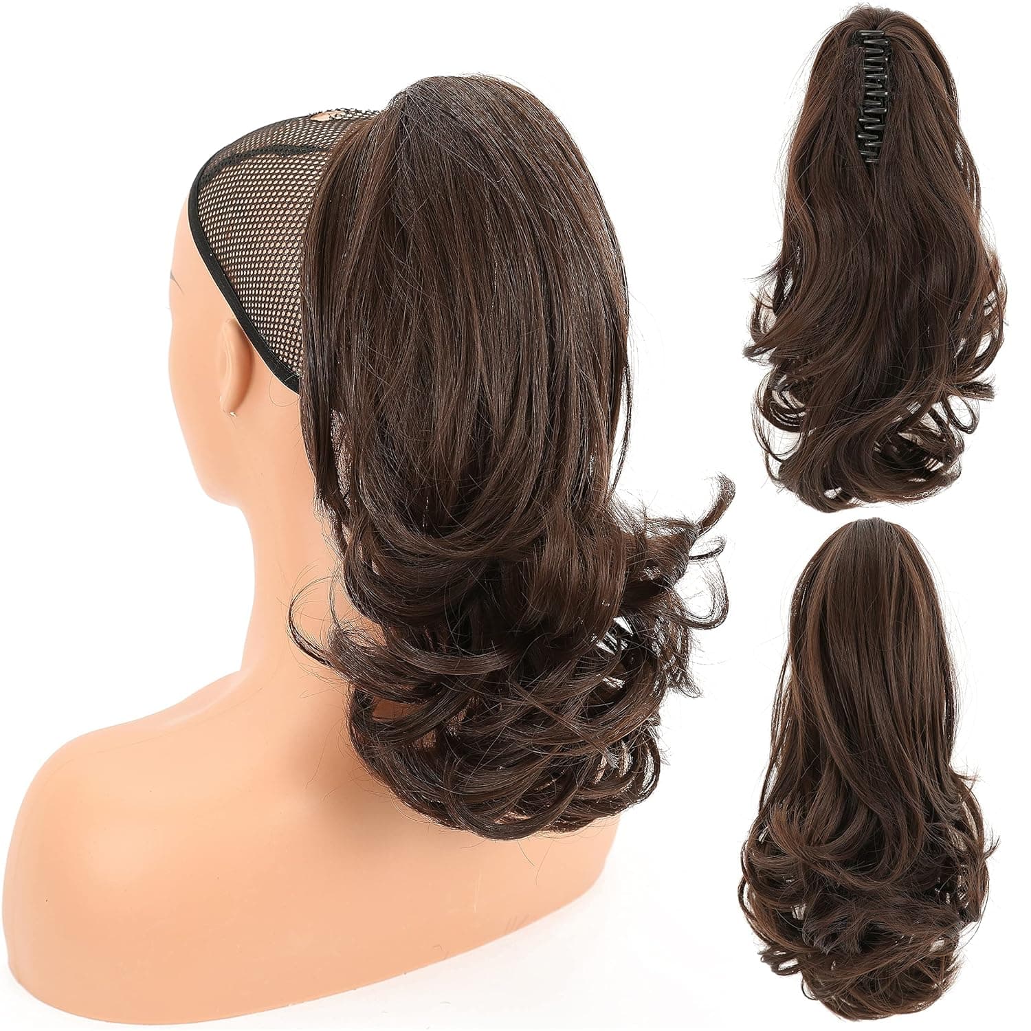 MICMART 14" Claw Synthetic Curly Ponytail Clip In On Hair Extension Jaw Pony Tail Natural Wavy Hairpiece for Women Girls (14inches-Curly, Dark Brown)