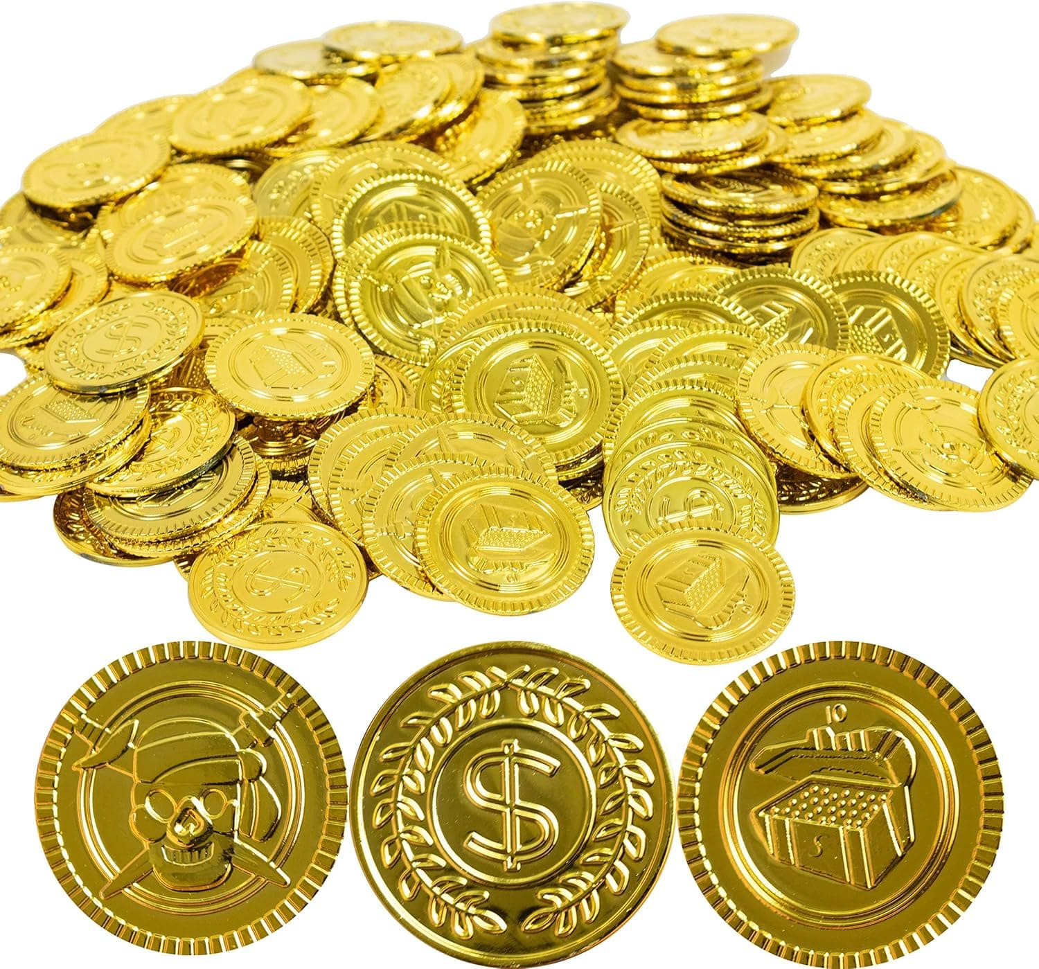 GiftExpress 144PC Plastic Gold Coins Pirate Coins Kids Pretend Play Coins Treasure Coins for Pirate Party, Gold Coins for Treasure Hunt Game and Party Favors