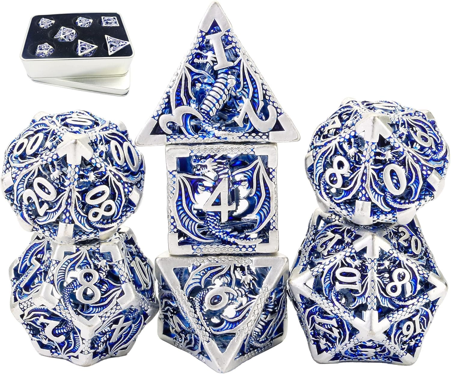 Polyhedral Dice Set Hollow Metal DND Dice Dungeons and Dragons Dice Set Gifts 7CPS Role Playing Dice Set with Gift Metal Box Suitable for D&D Table Games Cards Tower MTG RPG(Dragon_Pearl Silver Blue)