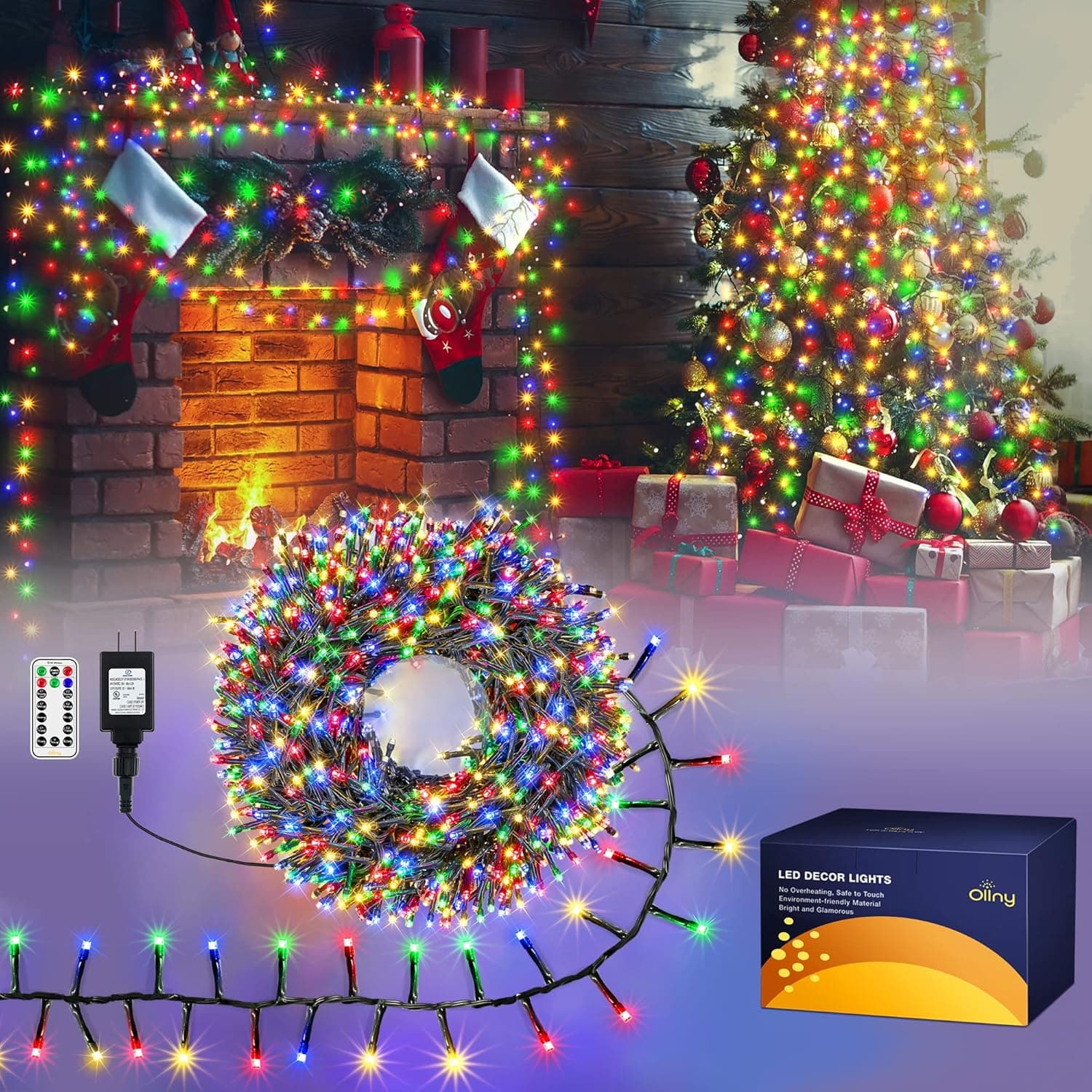 Ollny Christmas Lights Outdoor Cluster Lights - 400 LED 20ft 4X Bright 8 Modes Memory, Christmas Tree Lights Plug in Waterproof String Lights for Garland Patio Indoor Outside Decorations, Multicolored