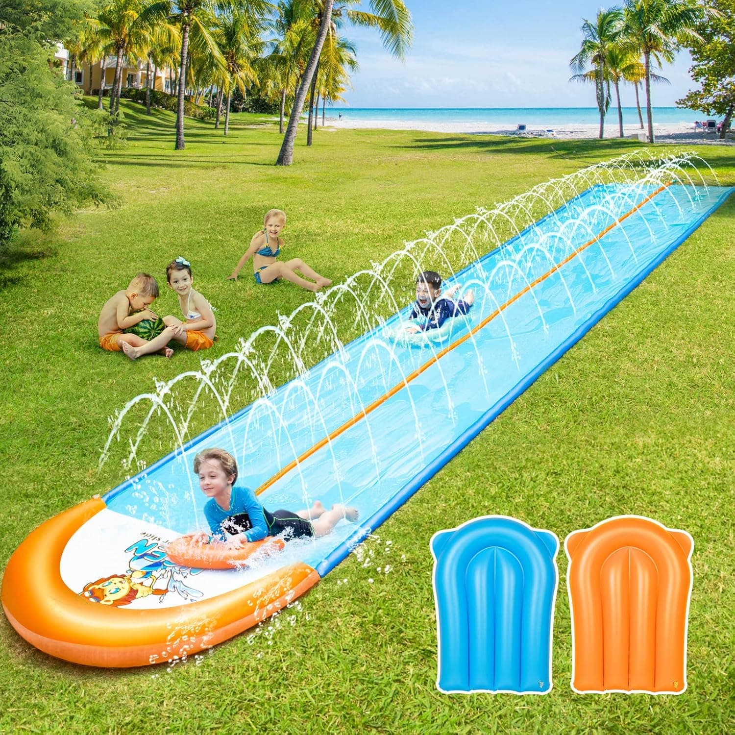 Slip Water Slide, 30ft Extra Long Lawn Water Slides for Kids Adults, Double Lanes Racing Backyard Summer Sprinkler and Splash Water Toy, XL Slip Waterslide with 2 Inflatable Bodyboards Outdoor Garden