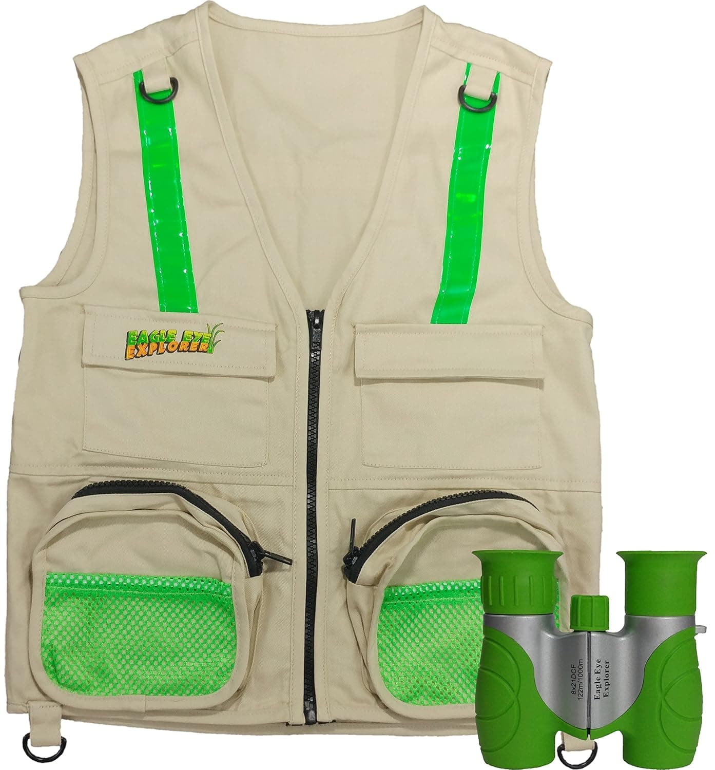 Combination Set: Eagle Eye Explorer Cargo Vest for Kids with Reflective Safety Straps and 8x21 Magnification Binoculars with Soft Rubber Eye Piece for Boys & Girls Waterproof & Shock-Resistant. S/M
