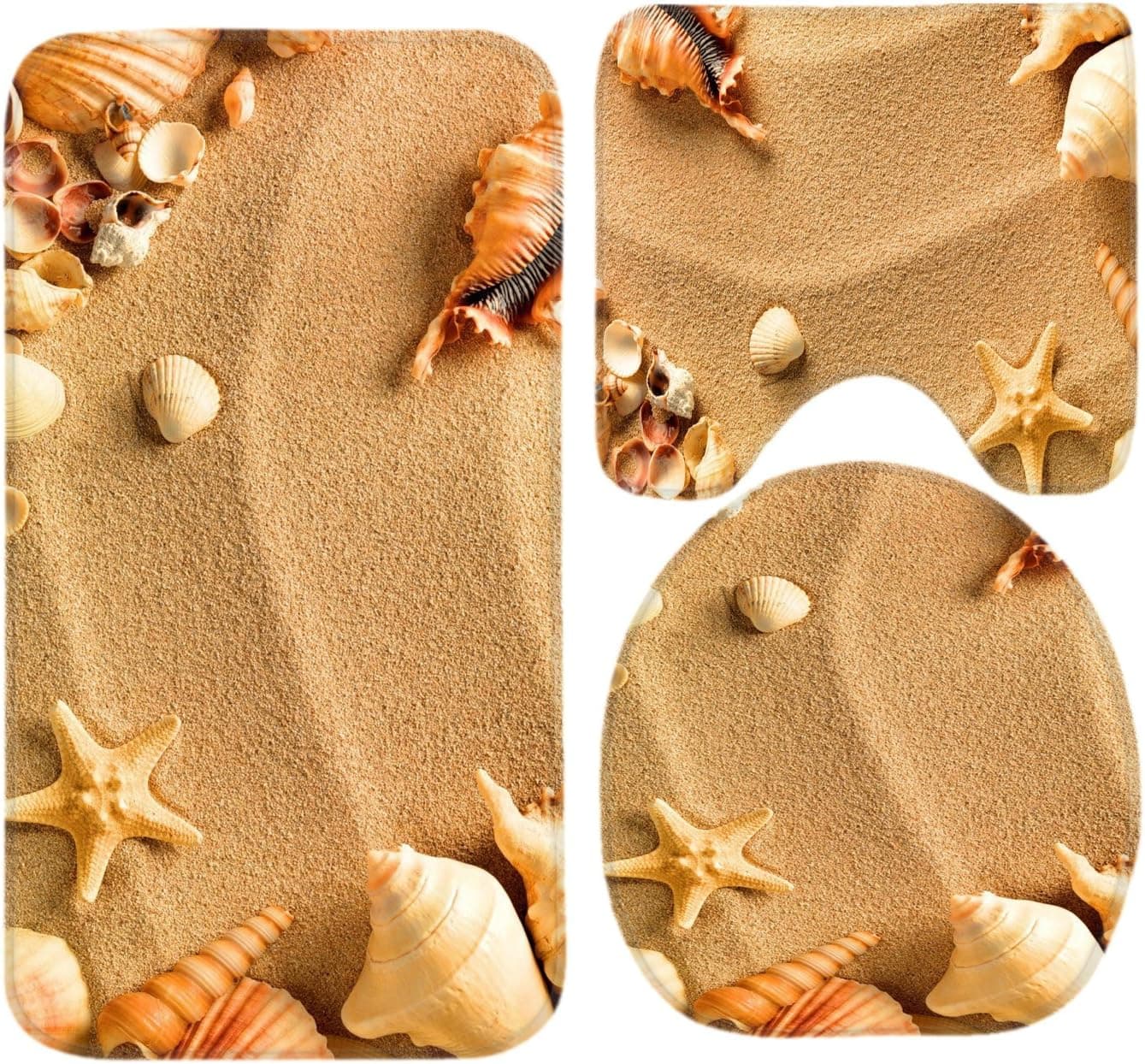 R-ANSXYX Toilet Set Beach Sea Shell Sand 3 Piece Bathroom Set Mat Rug Non-Slip Contour Rug Toilet Lid Cover and Bath Mat