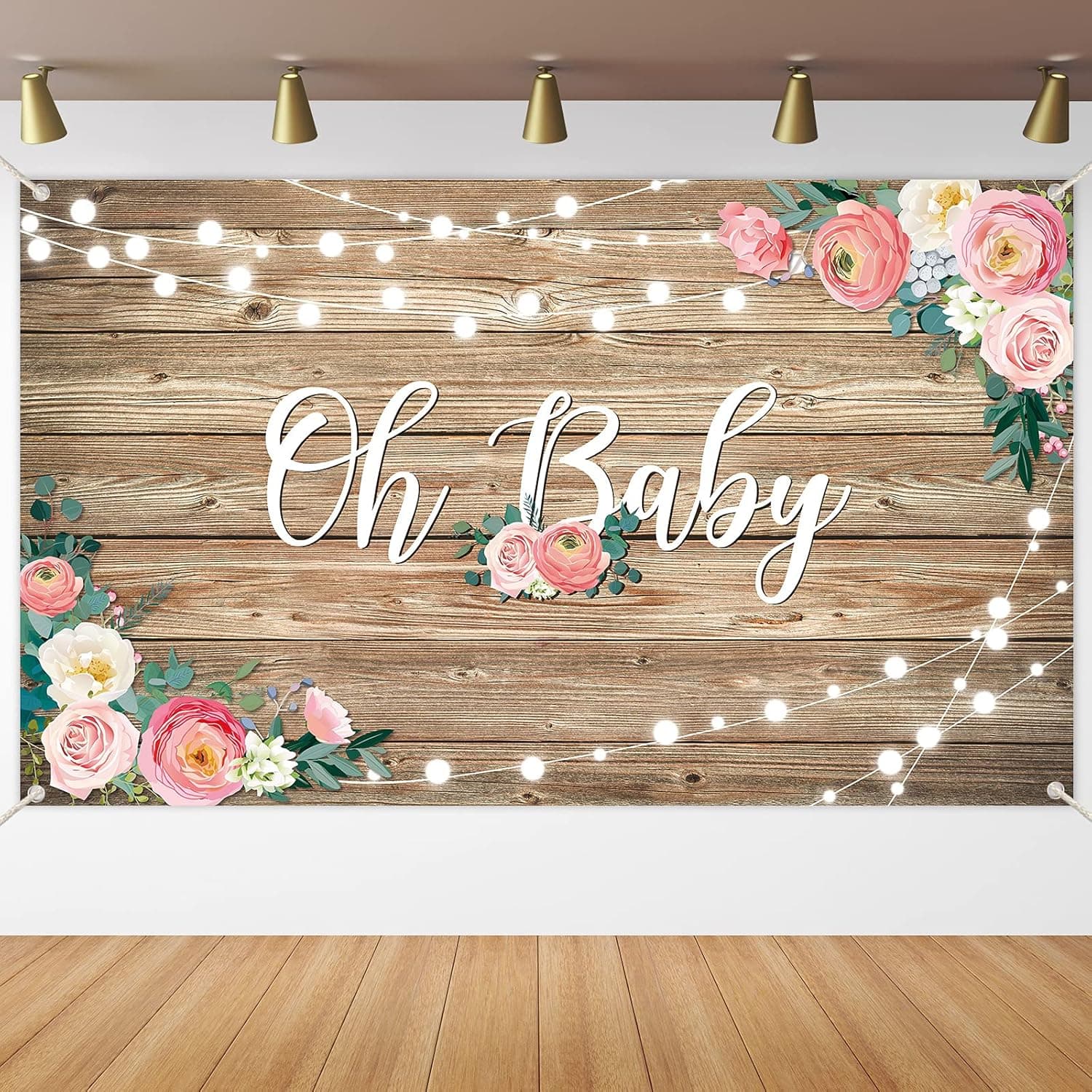 Rustic Wood Baby Shower Backdrop Banner Oh Baby Floral Baby Shower Decorations for Girls and Boys Wood Floor Flower Wall Newborn Birthday Party Photo Shoot Booth