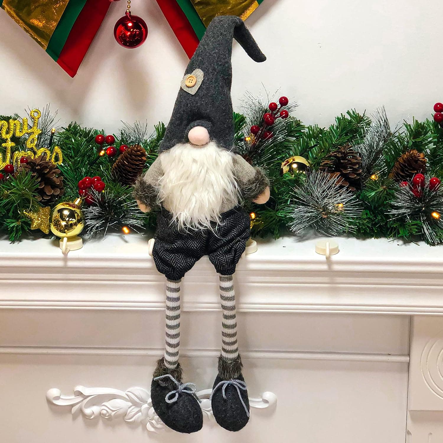 Hopearl Christmas Gnome Long Leg Plush Swedish Tomte Nisse Figurine Sitting Handmade Elf Home Desktop Collectible Doll Stuffed Decor Holiday Party Supplies Table Ornament, Gray, 24’’