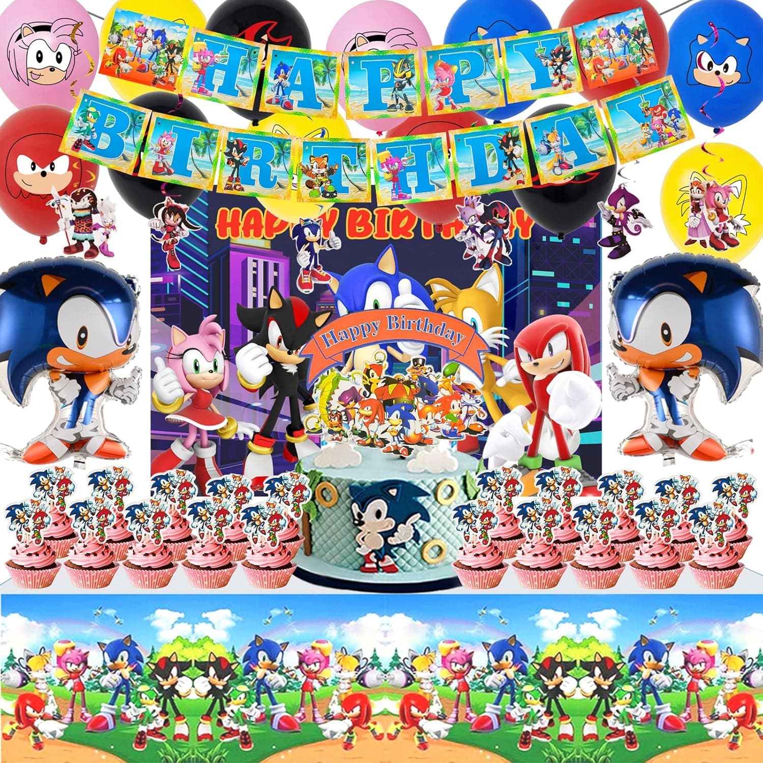 Yiwaso 56 Pcs Sonic Birthday Party Supplies, Include Banner, Tablecloth, Cake Topper, Hanging Swirls, Cupcake Toppers, Balloons, Foil Balloons, Backdrop for Kids Party Supplies Birthday