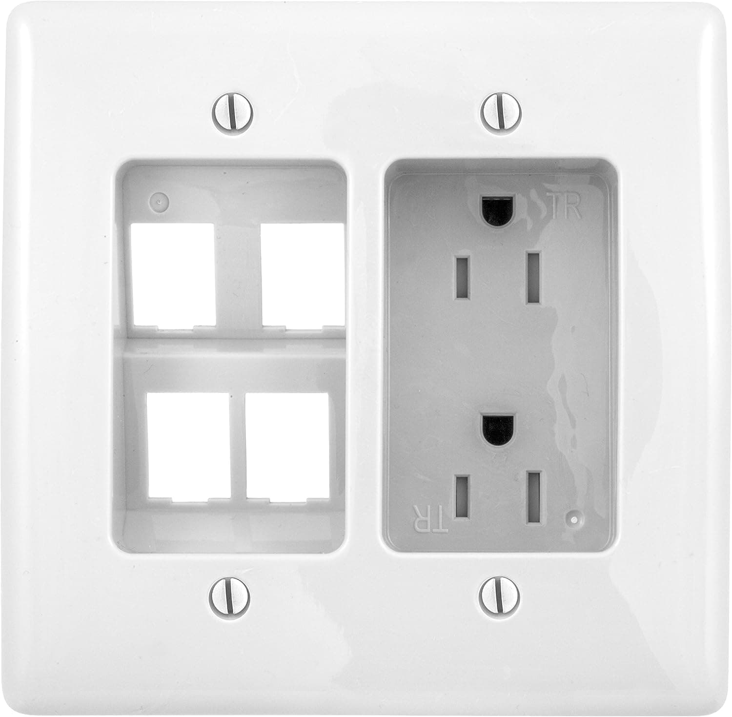 Bryant Electric RR1514W 2-Gang Recessed TV Connection Outlet Plate with 15 Amp 125V Tamper-Resistant Duplex Receptacle and One 4-Port Data Jack Opening, White