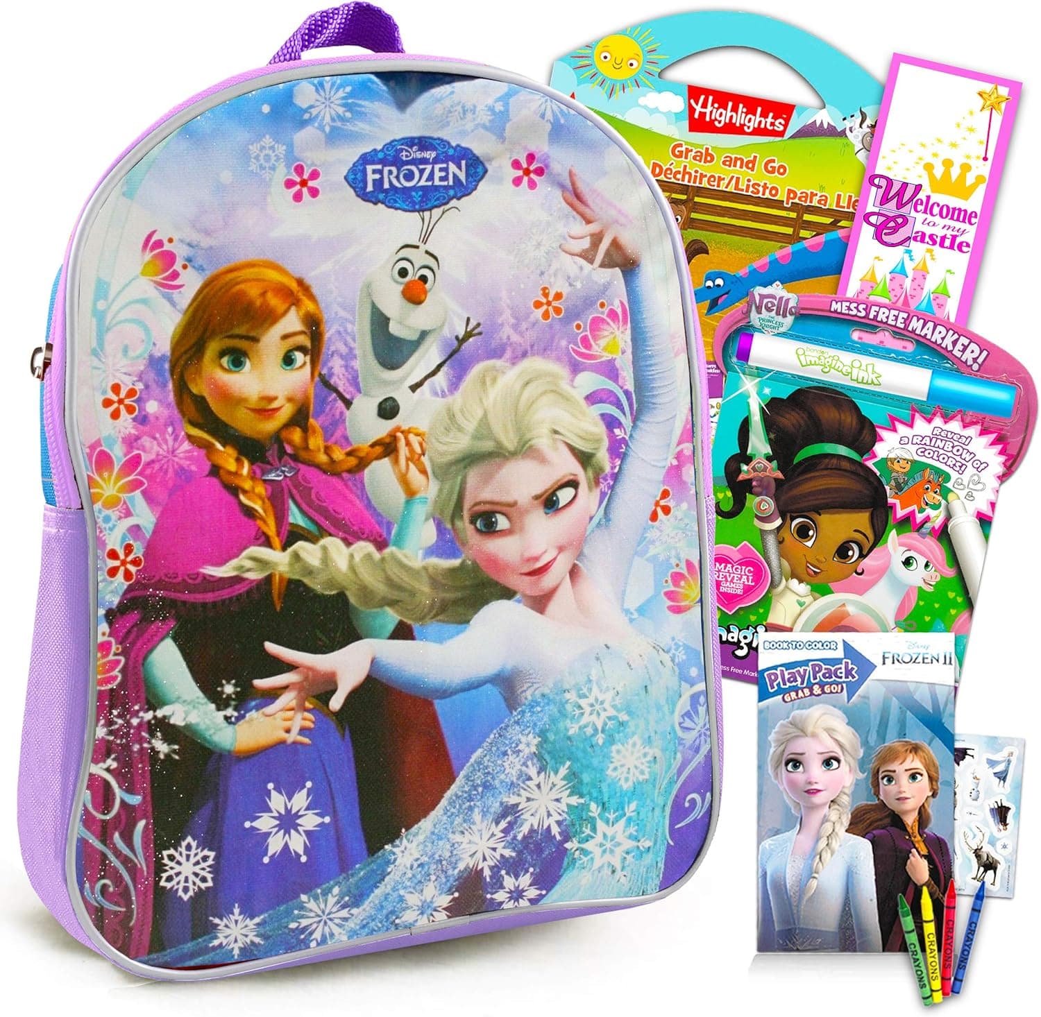 Disney Frozen Travel Activity Bundle for Kids, Girls Frozen Coloring Book Kit - 5 Pc Frozen Back to School Set with Imagine Ink, 200+ Stickers, and More (Disney Frozen Travel Toys Set)