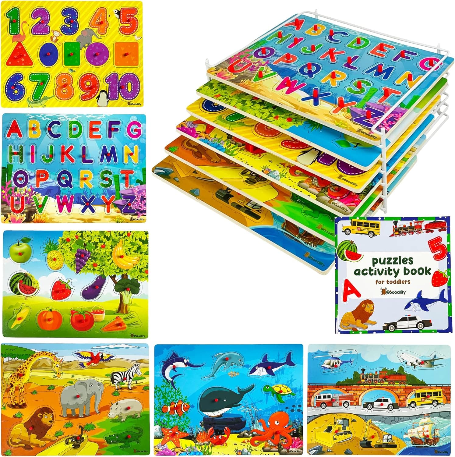 Wooden Puzzles for Toddlers 1-3 with Rack - 6 Pack Wooden Peg Puzzles and Storage Holder - Educational Learning Puzzles for Kids Ages 2-4 Boys and Girls - Alphabet Number Animal Vehicle Fruit Shape