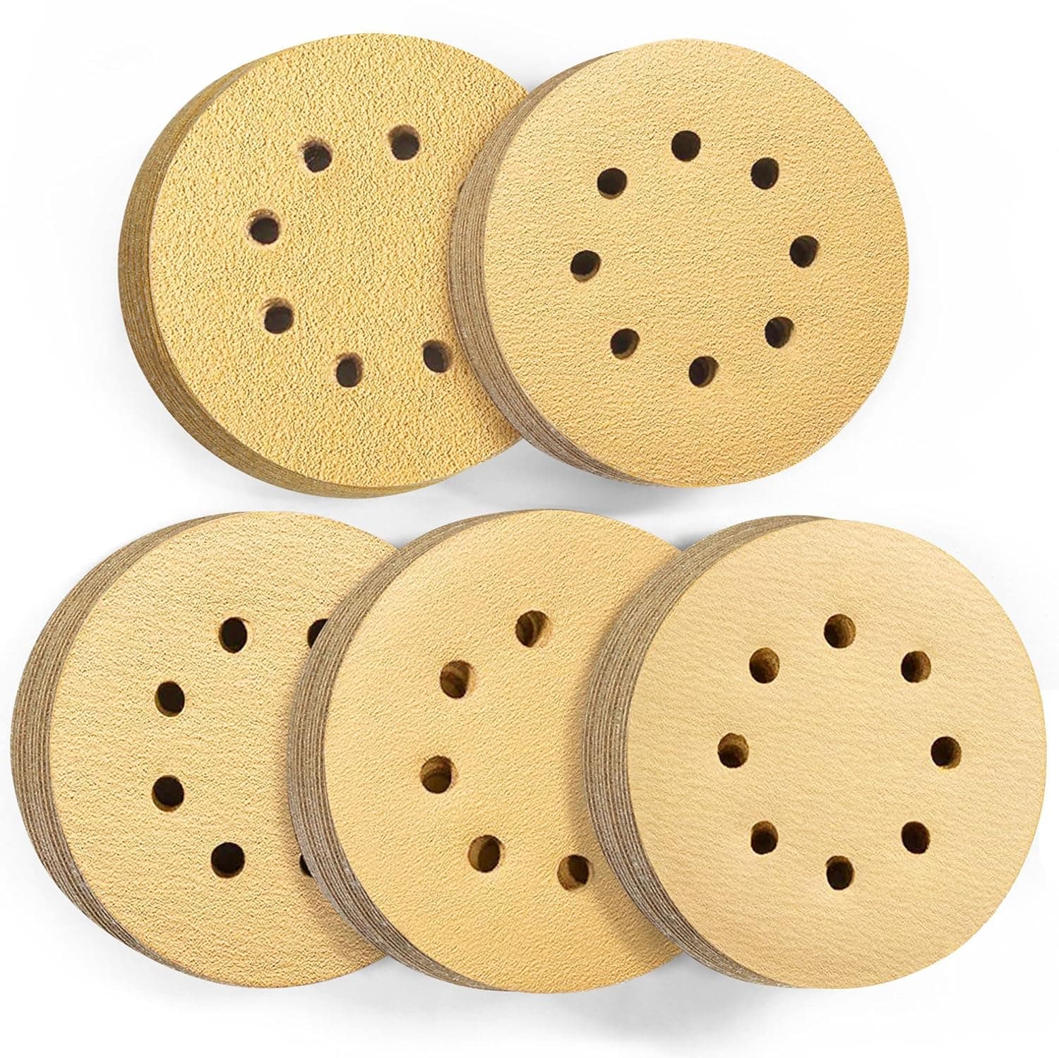 LotFancy 5 inch 8 Hole Sanding Disc, 100PCS 60 80 120 150 220 Grit Sandpaper Assortment, Hook and Loop Sand Paper, Random Orbital Sander Pads