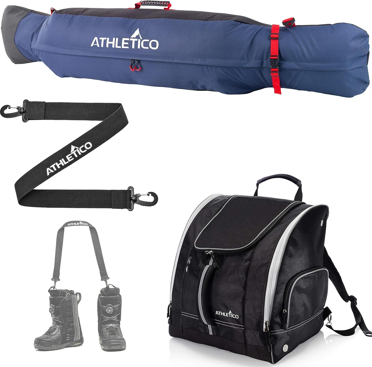 Athletico Freestyle Padded Snowboard Bag Bundle - Snowboard Bag + Snowboard Boot Bag + Snowboard Boot Strap (Black/Blue, 175 cm)