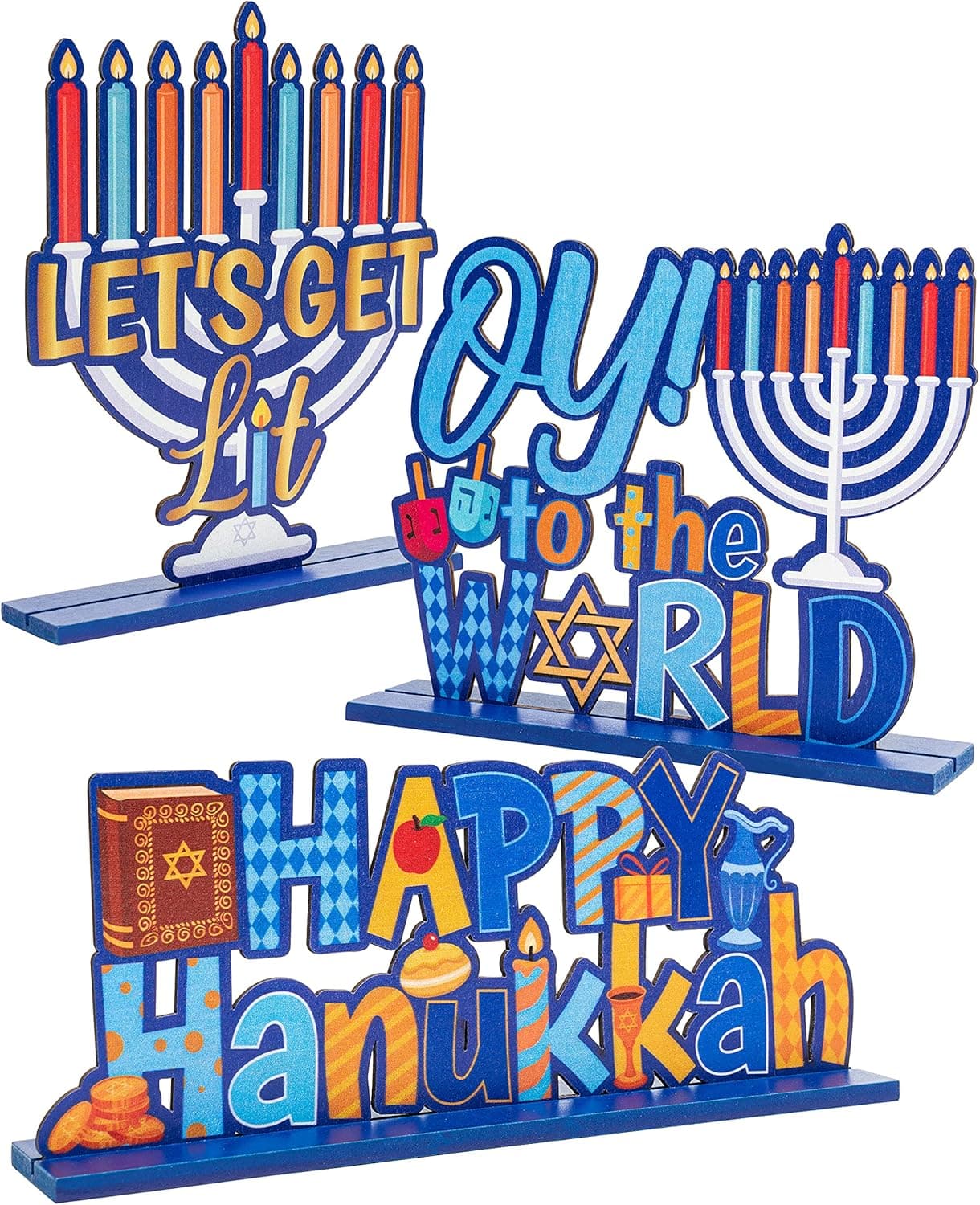 MALLMALL6 3Pcs Hanukkah Wood Table Decoration Centerpiece Happy Hanukkah Let's Get Lit Oy to The World Menorah Dreidel Wooden Design Decor for Chanukkah Traditional Festival Party Celebration Supplies