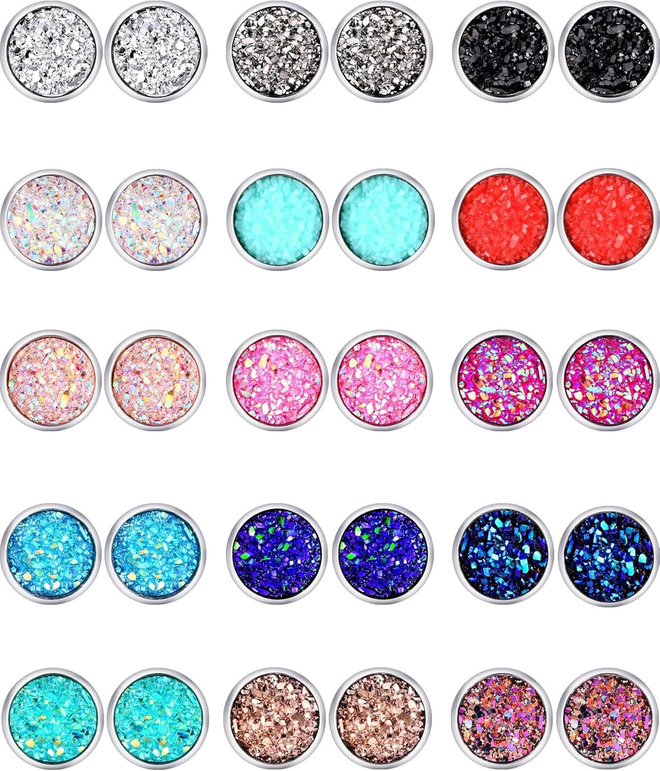 15 Pairs Faux Druzy Stud Earrings Set Bohemian Glitter Pierced Earrings Stainless Steel Round Earrings for Women