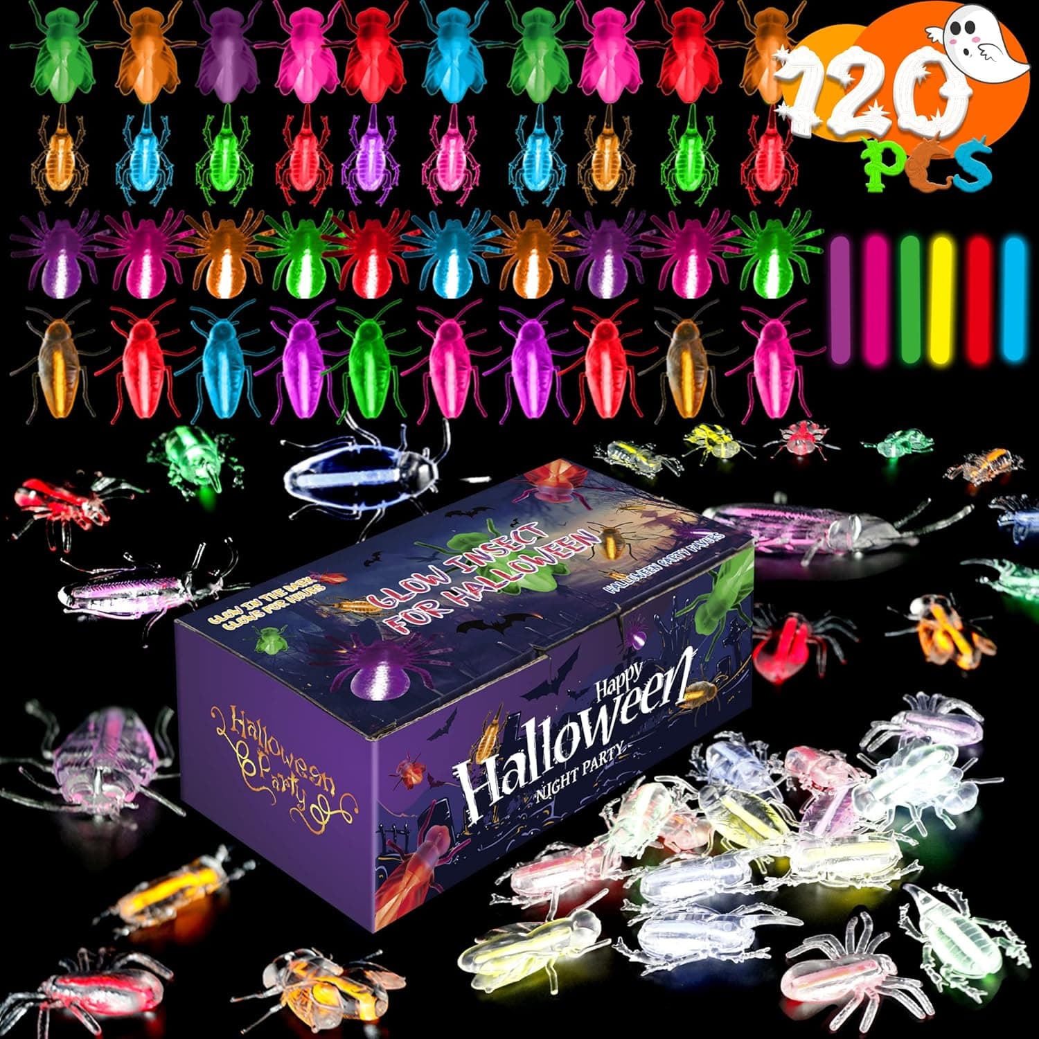 ZJLL 120 PCS Glow Critters Party Favors, Glow in The Dark Toys Set for Kids, School Classroom Game Rewards, Goodie Supplies, Miniatures/Prizes,40 Critters 80 Glow Sticks