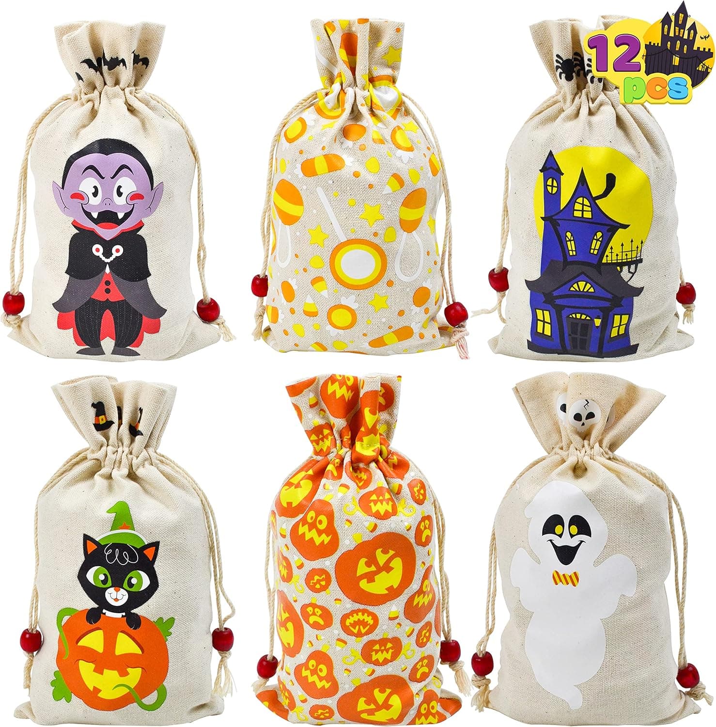 JOYIN 12 PCS Halloween Drawstring Treat Canvas Bags in 6 Multi-Character Designs, Halloween Canvas Goodie Gift Bags for Trick or Treat, Halloween Candy Bags for Party Favor Supplies