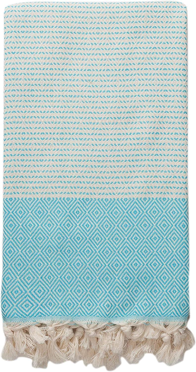 InfuseZen Diamond Weave Turkish Towel – 100% Cotton Lightweight Luxury Peshtemal - Thin & Absorbent Large Beach Bath Towels- Oversized Hammam Fouta Towel - XL 65" x 38" Pool, Gym (Aqua)