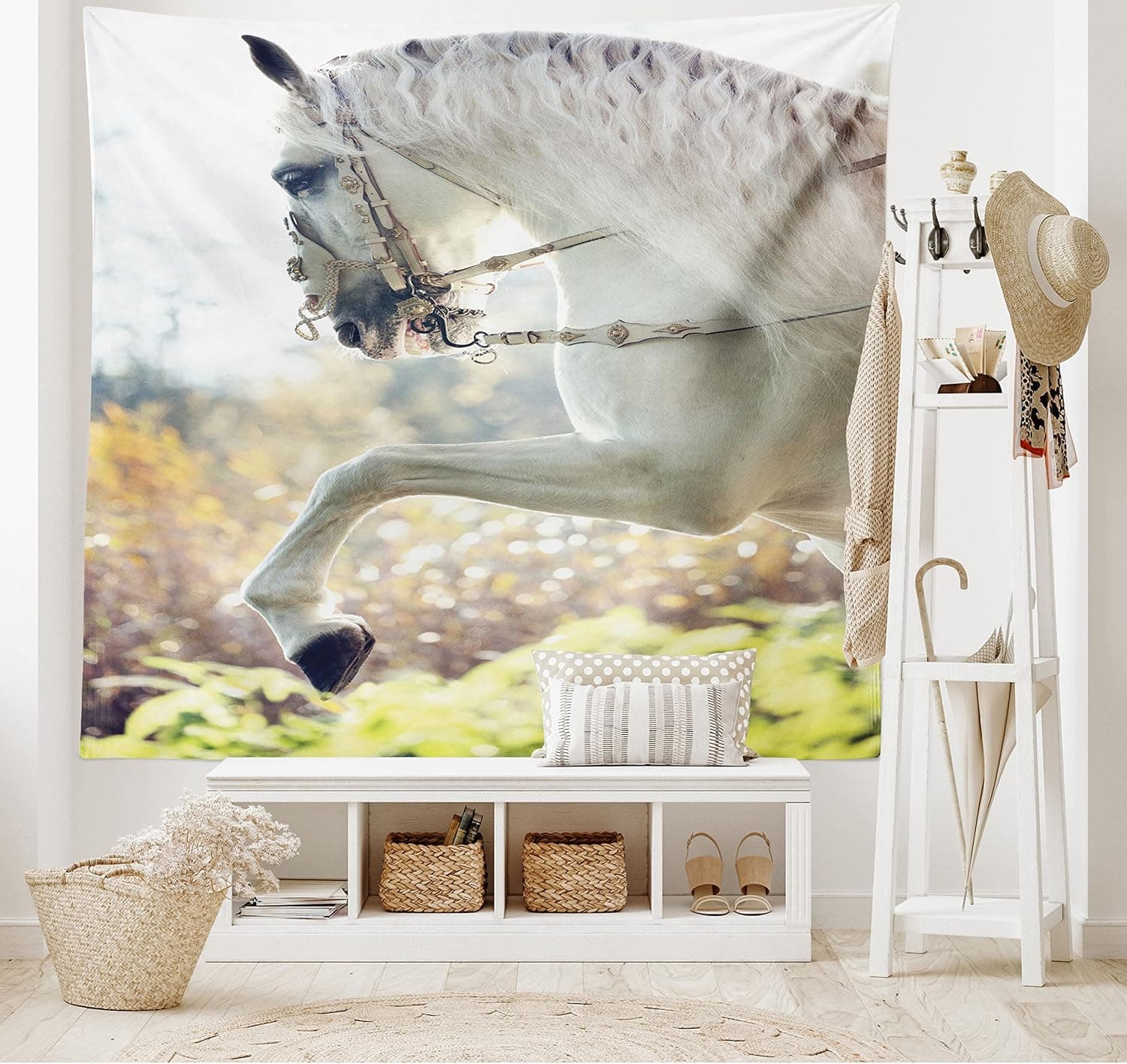 Ambesonne Farmhouse Tapestry, Country Big Horse with Mane Rears up Macro Animal Photo on a Blurry Background, Wall Hanging for Bedroom Living Room Dorm Decor, 40" X 60", Off White