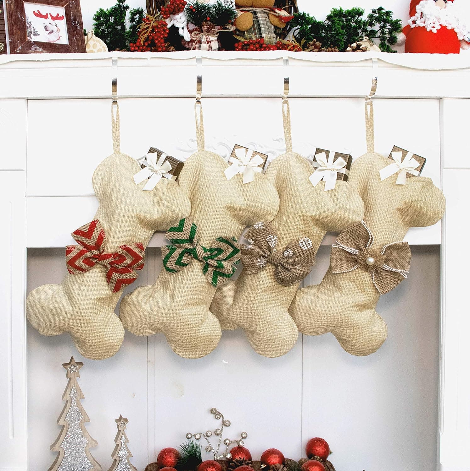 Beyond Your Thoughts New Linen Dog Bone Christmas Stockings for Pet Jute Natural Burlap Holidays-16 inches x 8 inches 2# Green Bowknot (1 Pack)