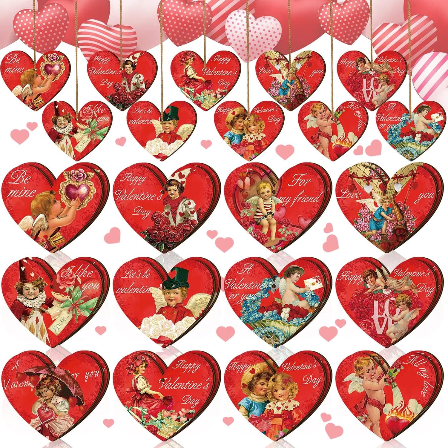 24 Pcs Valentine's Day Heart Ornaments Wooden Hanging Ornament Sweet Heart Shaped Embellishments Vintage Valentine's Day Hanging Gift for Valentine's Day Wedding Party Decorations (Lovely Style)