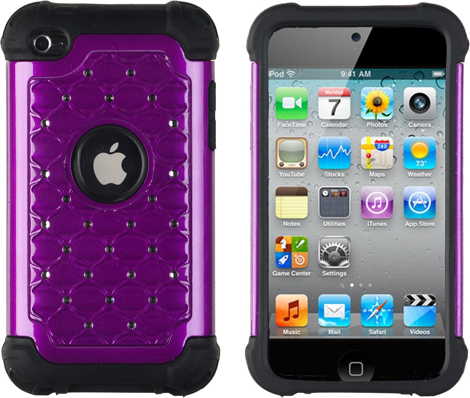 Crystal Diamond Bling Hybrid Armor TUFF Case for Apple iPod Touch 4, 4G (4th Generation) - Includes DandyCase Keychain Screen Cleaner [Retail Packaging by DandyCase] (Purple)