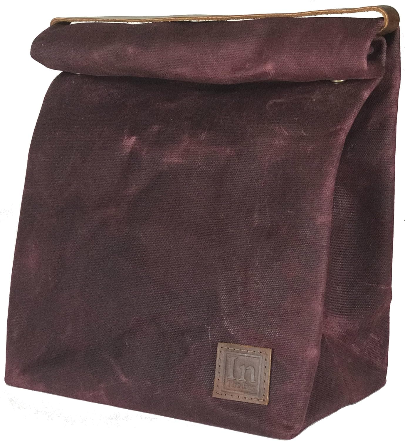 Lunch Bag (Lunch Box) Large Lined Waxed Canvas Roll Top Tote Bag with Leather Strap Carrying Handle and Brass Snap Closure - Red Wine - by In The Bag