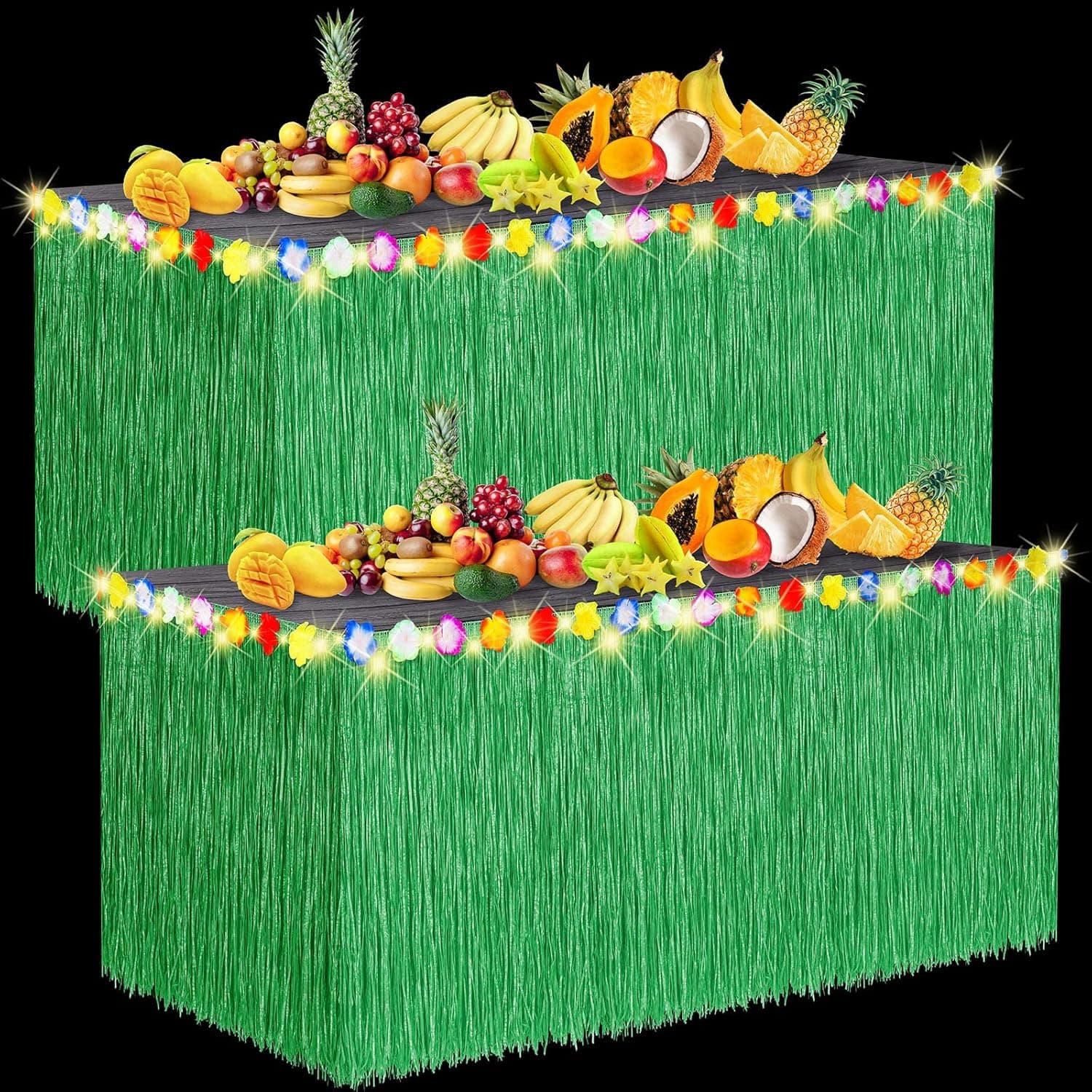Aneco 2 Pieces Luau Grass Table Skirt Hawaiian Table Skirt Grass Skirt Table Fringe with LED String Light for Tropical, Hawaiian Themed, Birthday Party (Green)