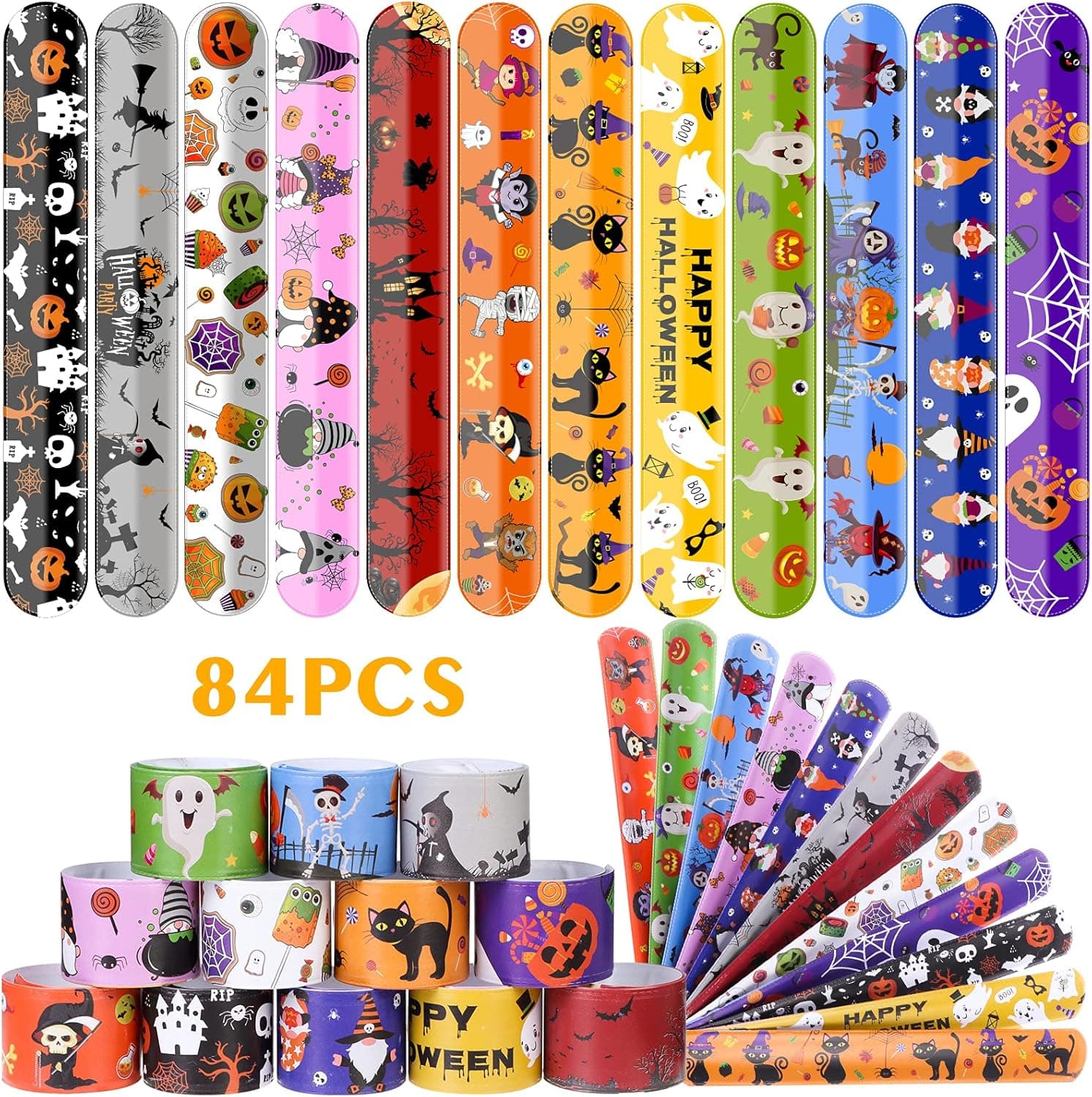 84 Pieces Halloween Slap Bracelets 12 Differents Colorful Patterns Print Design Slap Bands Happy Halloween Slap Wristbands Pumpkin Witch Castle Black Cat Pattern Slap Bands for Halloween Party Favors
