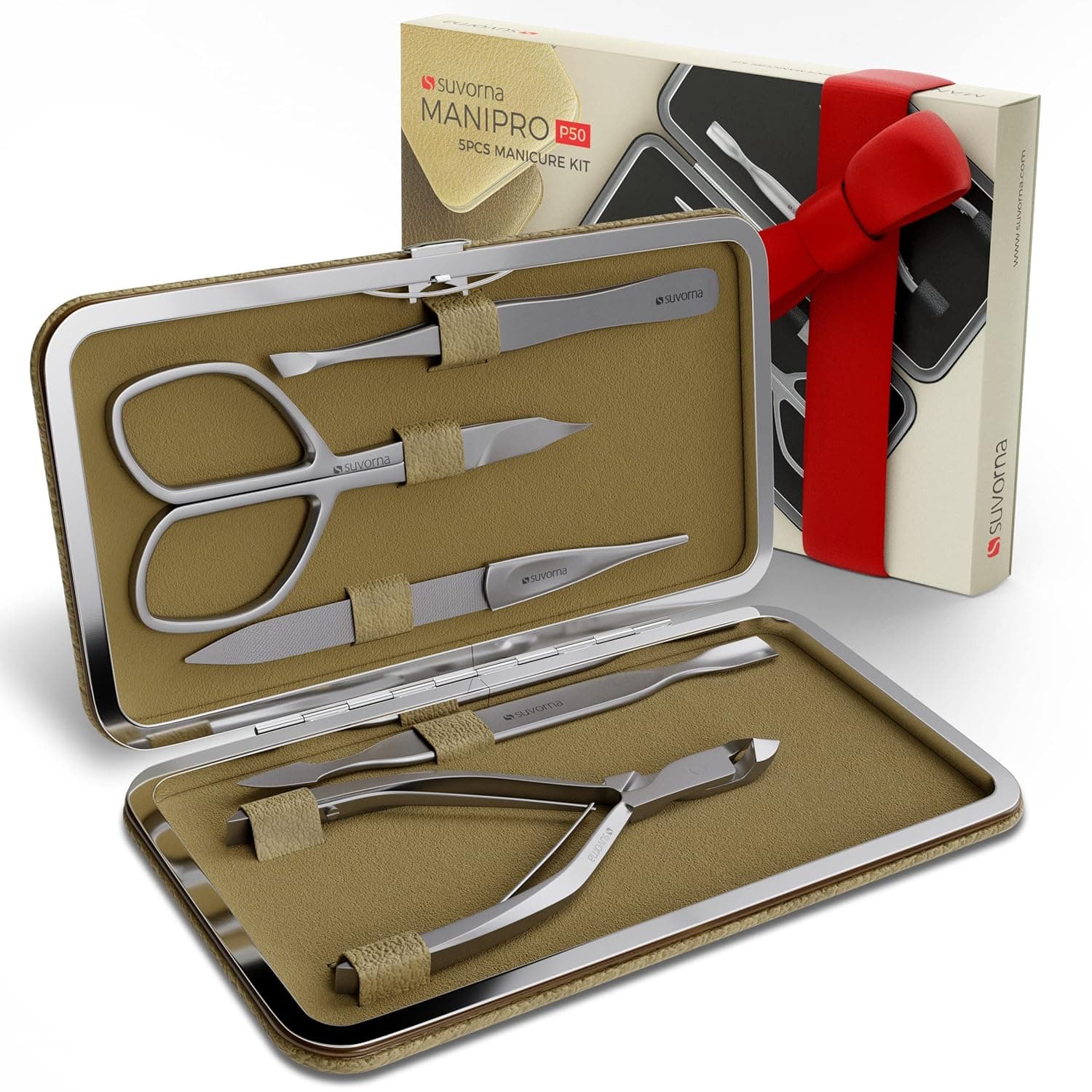 Suvorna Manipro p50 Premium Sand Finished 5 Pcs Manicure Kit -Professional Stainless Steel Kit Includes Cuticle Nipper & Pusher - Nail Scissors - Tweezers & Nail File - Gift Set for Men & Women