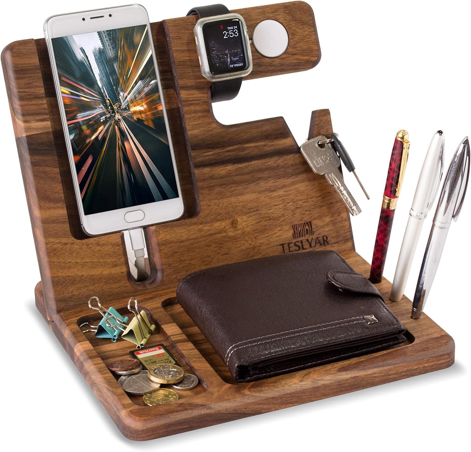 Teslyar Natural Walnut Wood Phone Docking Station Key Holder Wallet Watch Stand Watch Organizer Men Gift Husband Wife Anniversary Dad Birthday Nightstand Purse Father Graduation Male Travel (Beige)