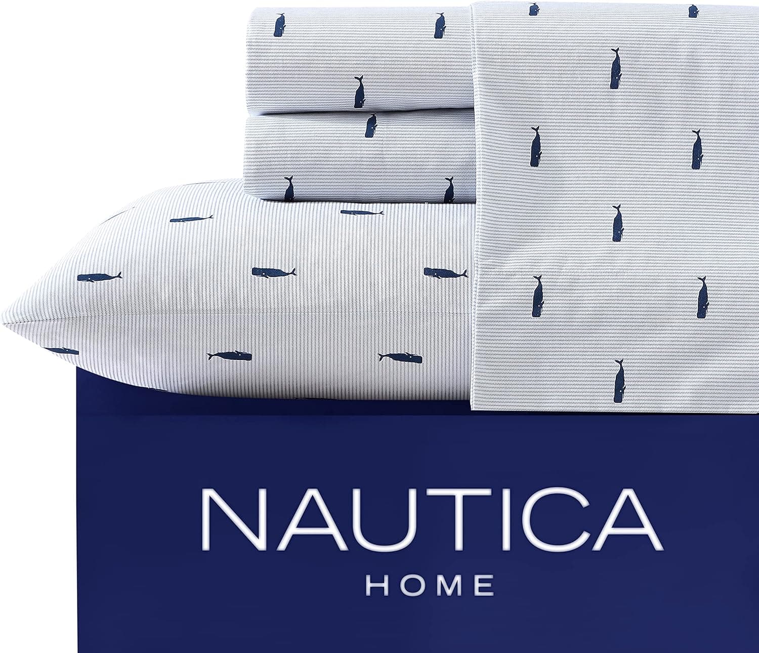 Nautica - Twin XL Sheets, Cotton Percale Bedding Set, Coastal Home Decor, Dorm Room Essentials (Whale Stripe Blue, Twin XL)