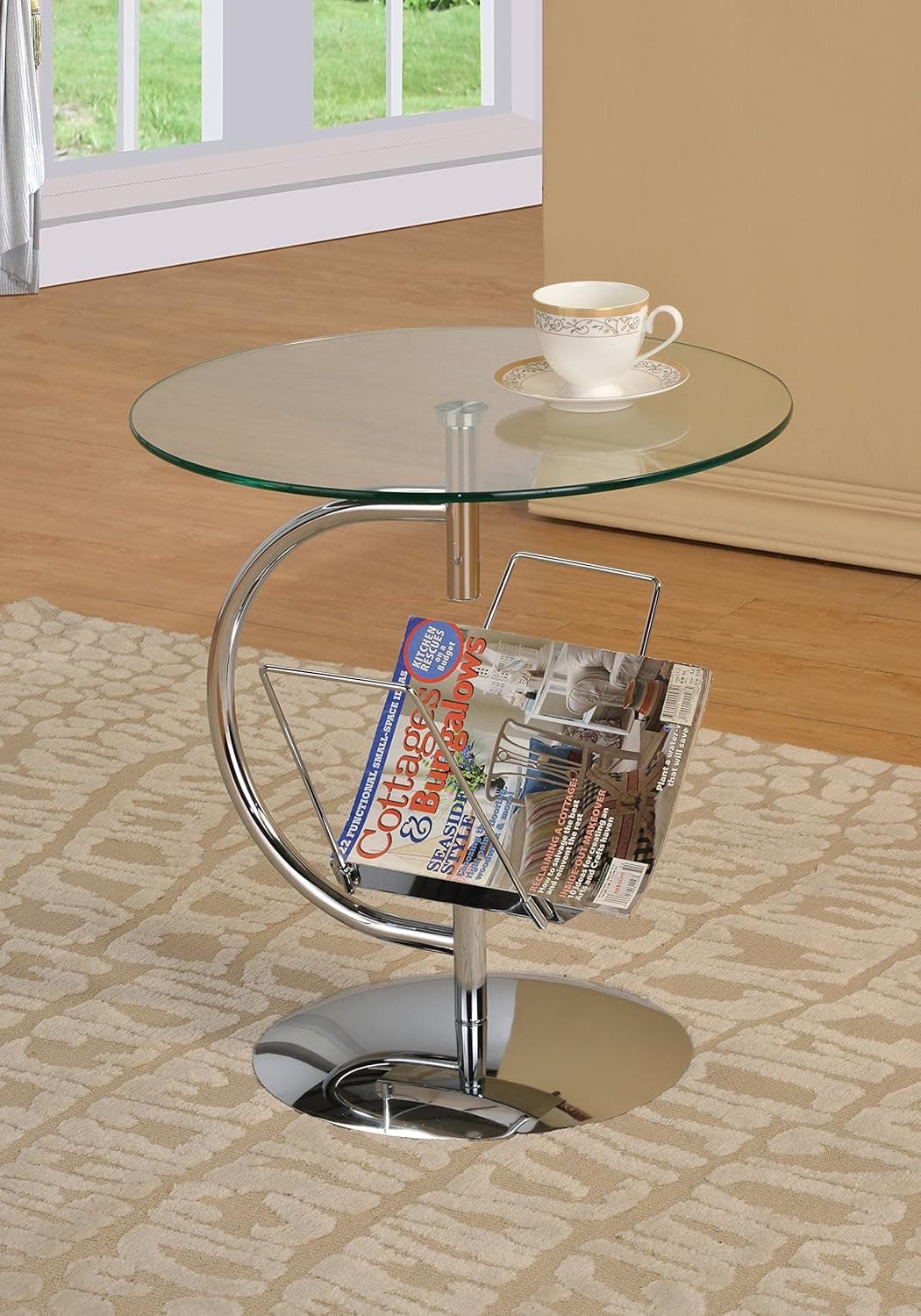 Chrome Metal Glass Modern Round Accent Chair Side End Table with Magazine Holder