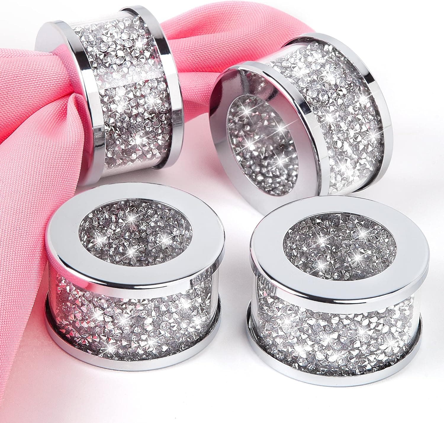 SHYFOY Silver Diamond Napkin Ring Glass Framed, Crystal Dinning Cloth Rings Set of 4 Piece, Glam Serviette Buckle Cloth Holder Sparkle Bling Crushed Diamond Table Decor Accessories