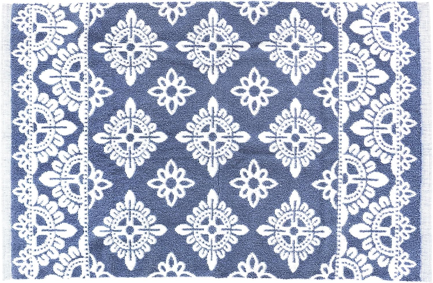 Eliana Jacquard Bath Mat Floor Towel for Bathroom - 1/4“ Thin, Washable & Reversible Shower or Tub Mat - 1,000 GSM Cotton - Blue & White Tile Patterned Design, 16x25-Inch