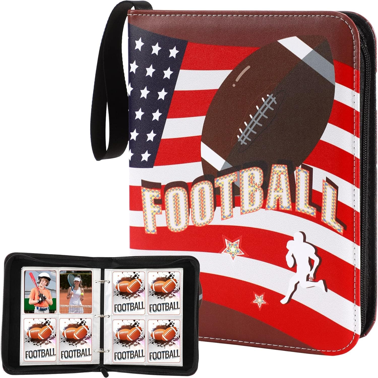 JULBEAR 4-Pocket Football Trading Card Binder Holder with Sleeves 400 Cards Protectors Holder Card Collector Album Zipper Binder Case Decorations Patriotic Independence Day Gift