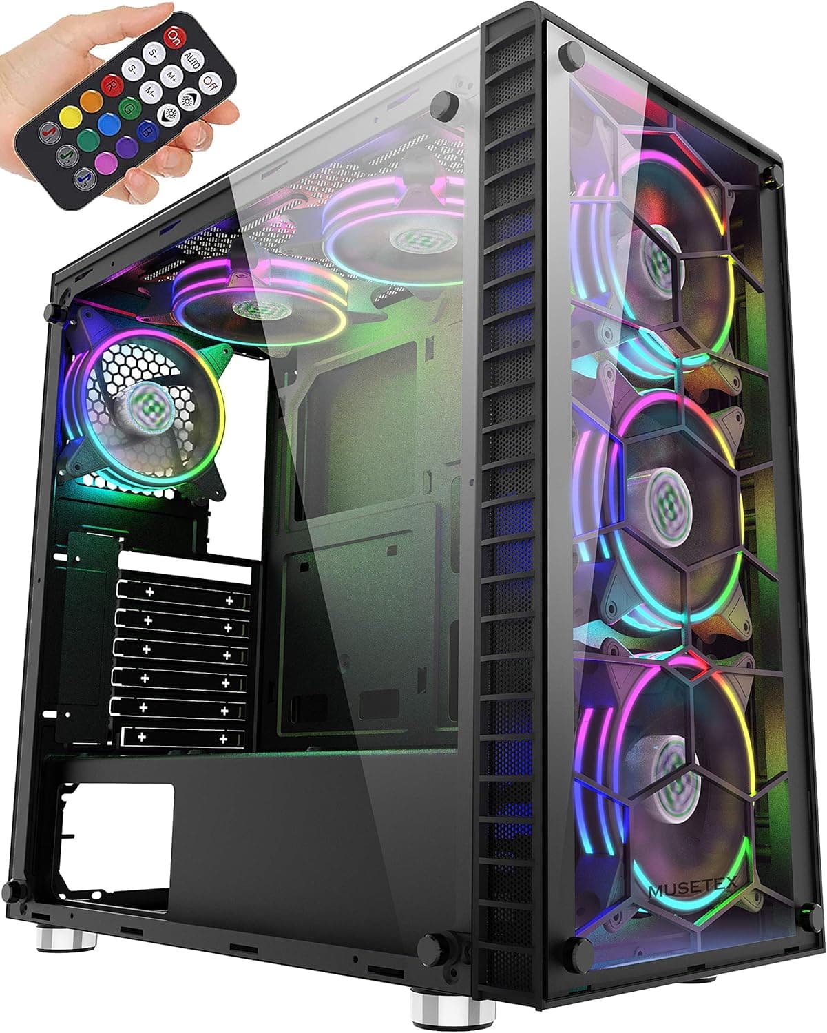 MUSETEX 6 PCS × 120mm LED ARGB Fans USB 3.0 Port ATX Mid-Tower Computer Gaming Case withTempered Glass PC Case(G05-MS6-HB)