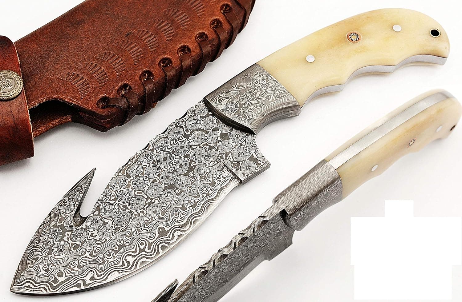 GladiatorsGuild 65- Custom Handmade Damascus Steel Skinner 9 Inch Hunting Knife Fixed Blade Skinning Knife with Gut Hook with Sheath