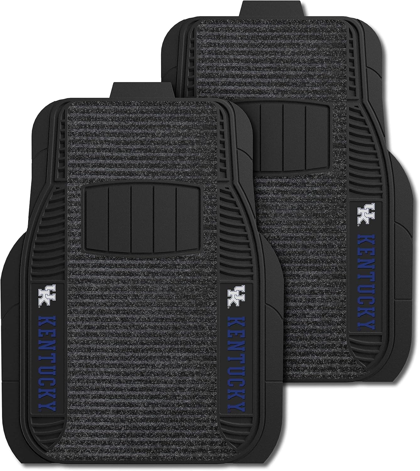 FANMATS 13806 Kentucky Wildcats 2-Piece Deluxe Car Mat Set, Vinyl Trim and Colored Team Logo, Dual Rib Charcoal Carpet, Trimmable Edges