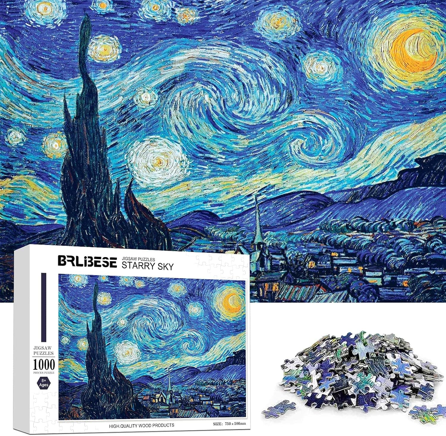 Jigsaw Puzzles 1000 Piece Adults Starry Night by Vincent Van Gogh-1000 Piece Puzzle Large Wooden Puzzles Kids Educational Fun Game Toys Gift for Home Decoratio (29.5in*19.7in)