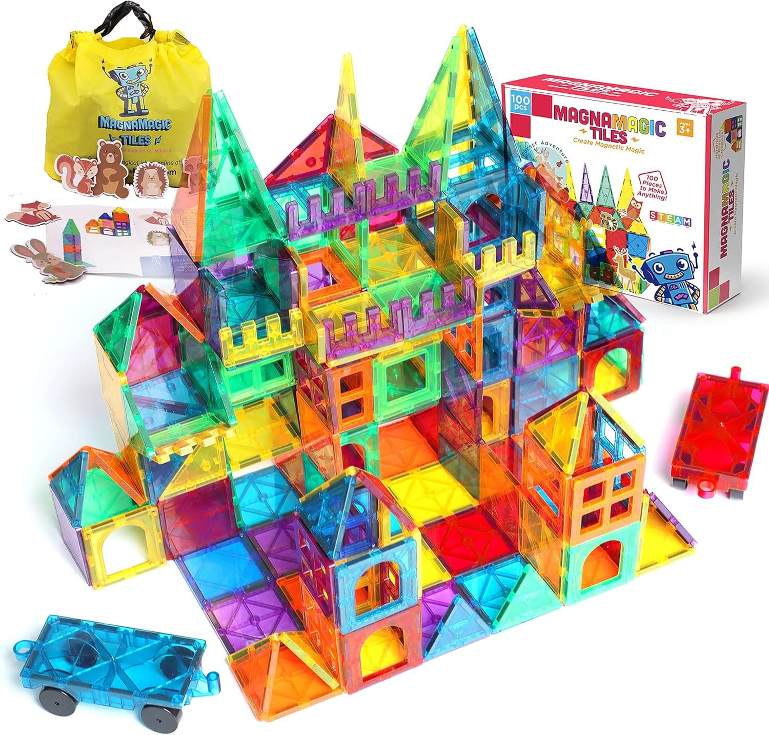 MagnaMagic 100 Piece Set 3D Magnet Building Tiles Plus Free Storage Bag - Woodland Theme Kids Magnetic Tiles Set with Geometric Shape - Educational Magnet Tiles and Magnetic Building Blocks for Kids
