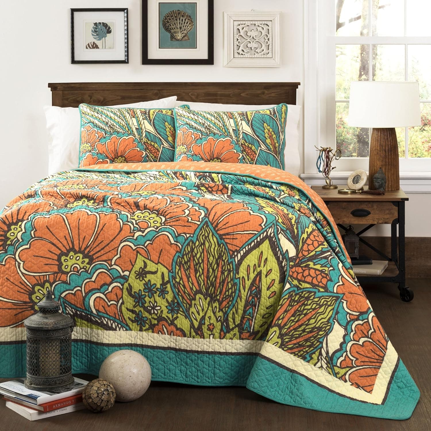 Lush Decor Elena 3 Piece Quilt Set, King, Turquoise/Orange