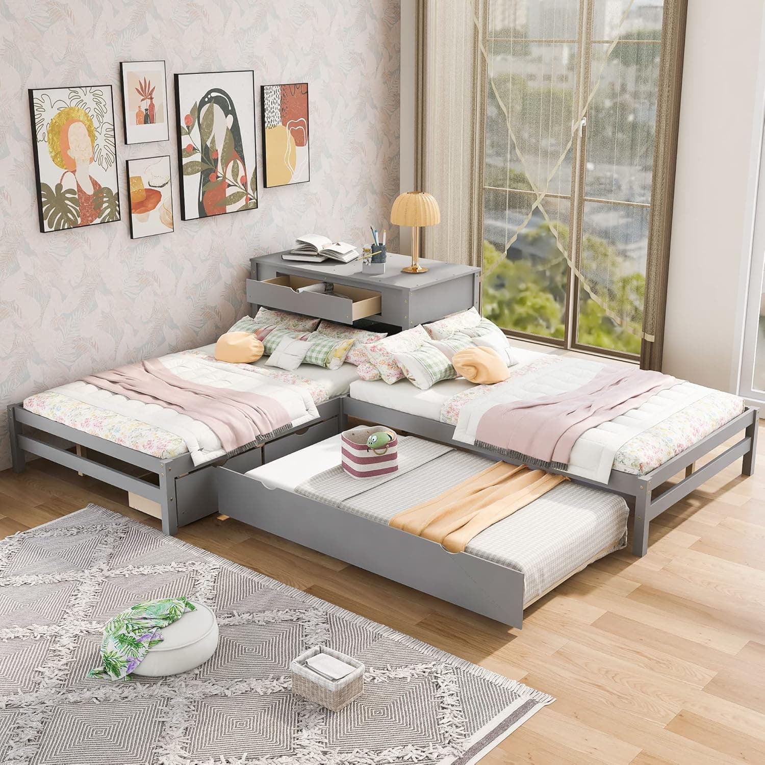 SOFTSEA L-Shaped Corner Platform Beds for 3 Kids, Full Size Bed Frame with Trundle and Drawers, Two Beds Frame Linked with Built-in Table