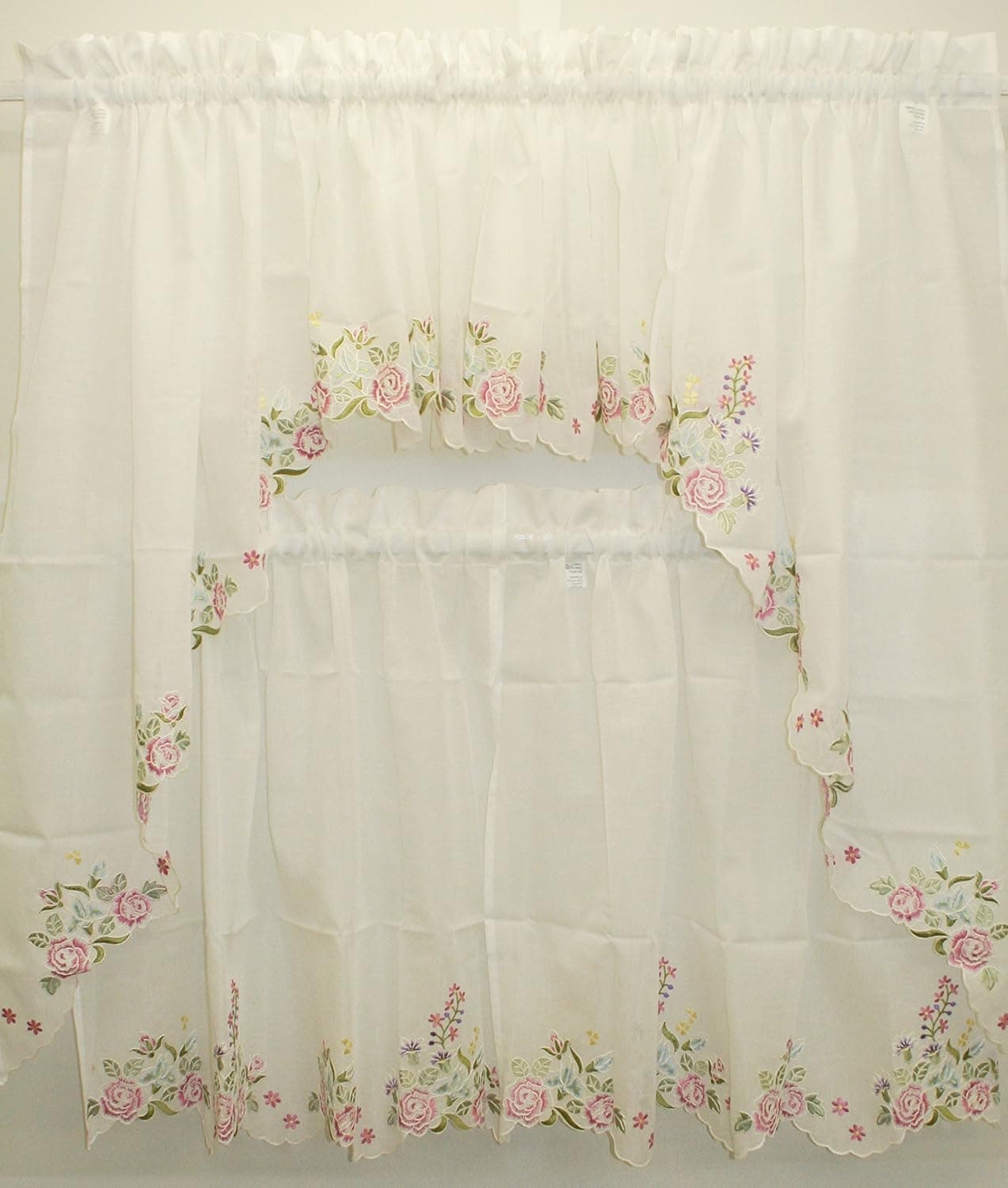 Isabella Embroidered Semi-Sheer 60Wx30L Tier Pair- White/Rose
