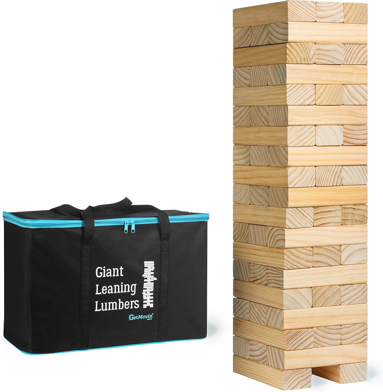 GETMOVIN SPORTS, LLC Giant Leaning Lumbers Perfect Indoor/Outdoor Group Play Classic Tower Game for The Beach, Lawn, and Camping with 56 Hand Crafted Pine Blocks Jumbo Size Stack Up to 5 feet High