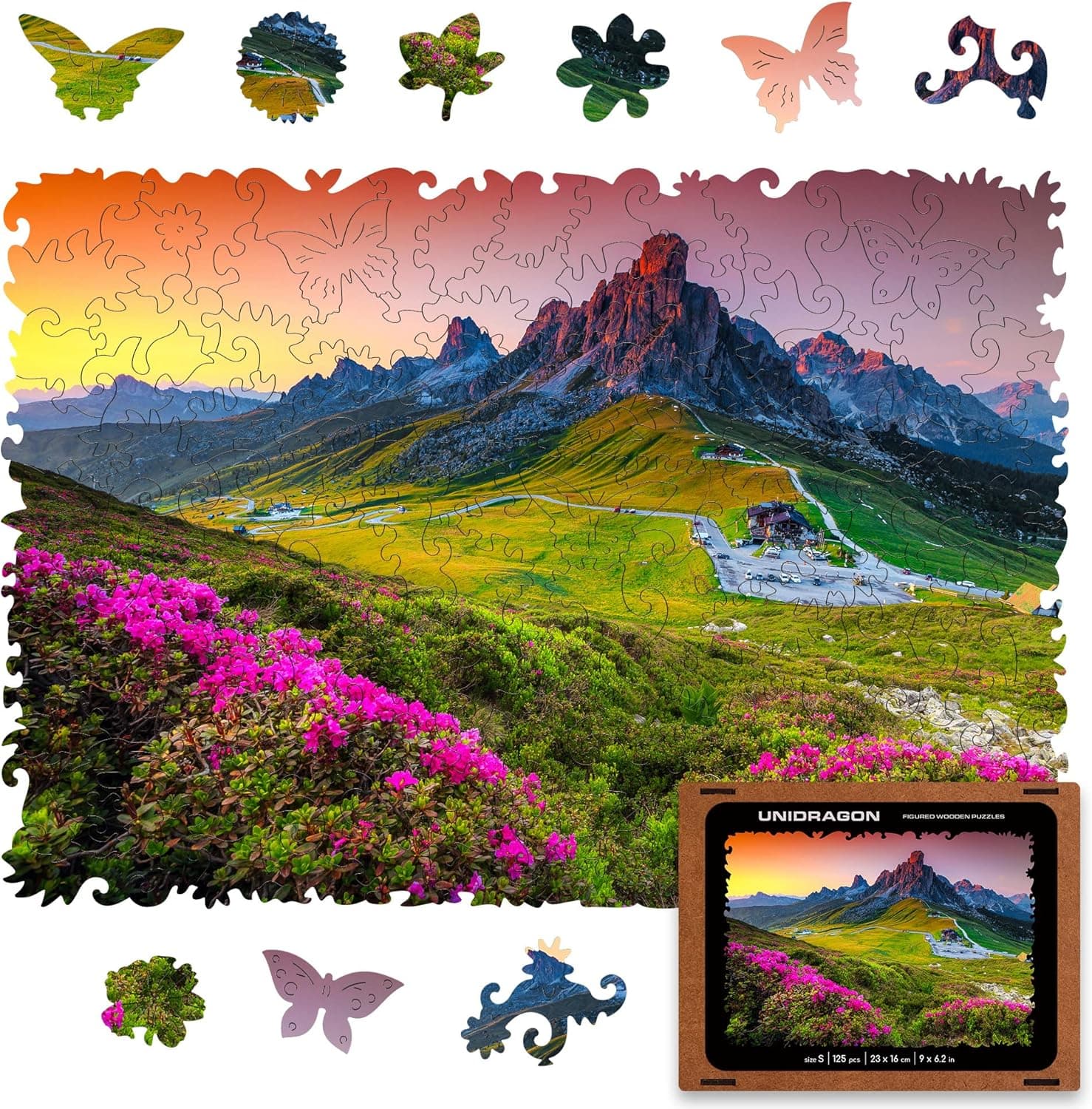 UNIDRAGON - Wooden Jigsaw Puzzles - Small - 9" x 6.2" - 23 x 16 cm - 125 pcs - in a Beautiful Gift Package - Unique Shape Jigsaw Pieces - Best Gift for Adults and Kids - Nature Mountain