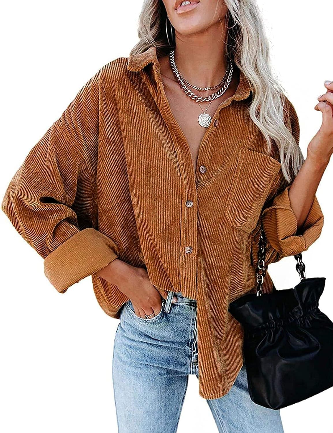 Tanming Womens Corduroy Shirts Oversized Button Down Long Sleeve Overshirts Blouse Tops