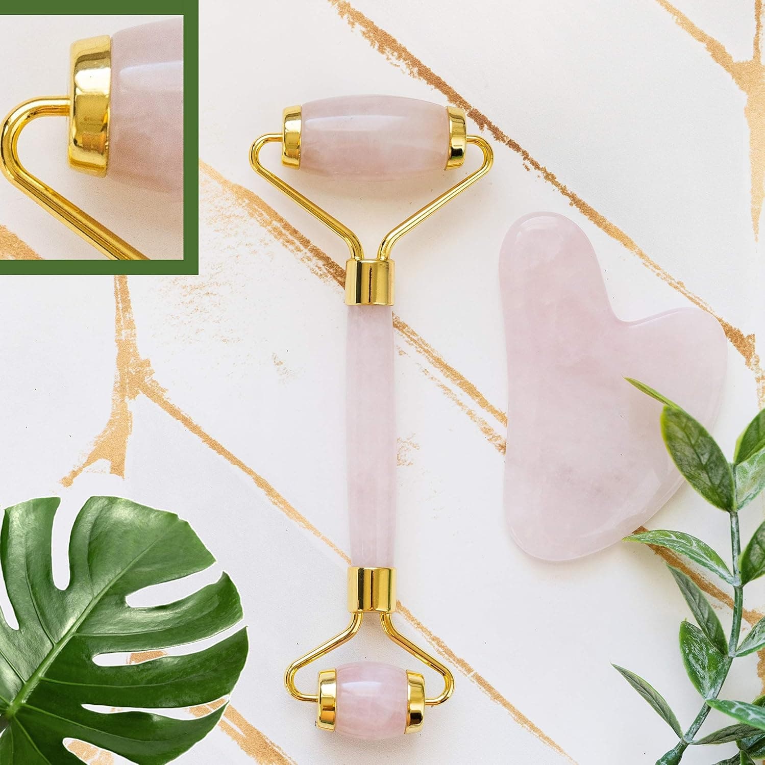 All Natural Rose Quartz Roller and Gua Sha Set